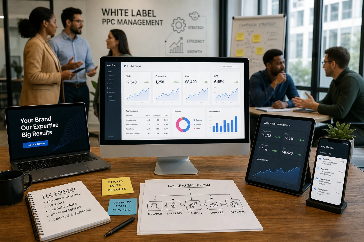A vibrant workspace with digital tools, analytics, and diverse professionals collaborating on PPC management strategies.