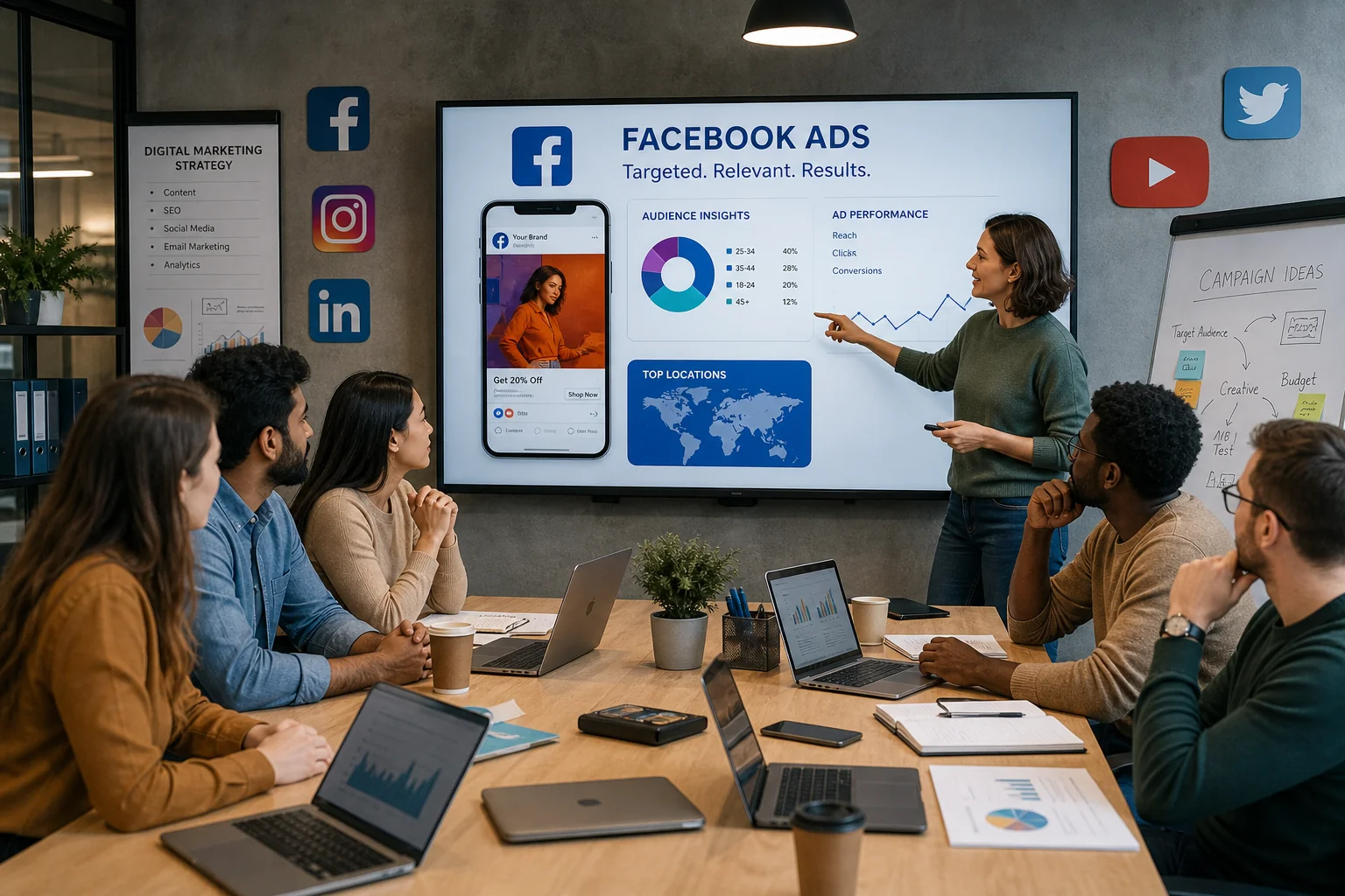 A vibrant digital illustration of a diverse team discussing digital marketing strategies in a modern office, with engaging vi