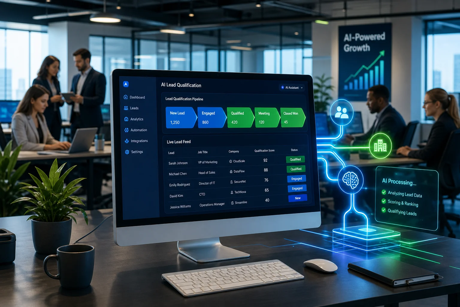 Futuristic office scene with an AI system on a sleek screen visualizing lead qualification, surrounded by diverse professiona