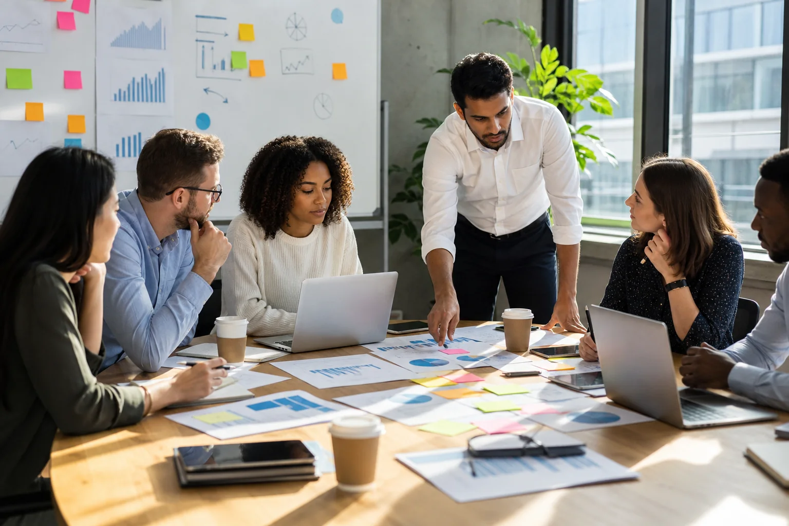 A diverse team of professionals collaborates around a conference table, analyzing data and brainstorming in a bright, focused
