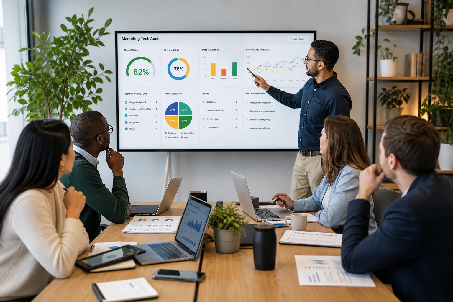 Diverse professionals collaborate in a bright office, analyzing data on a screen during a marketing tech audit.