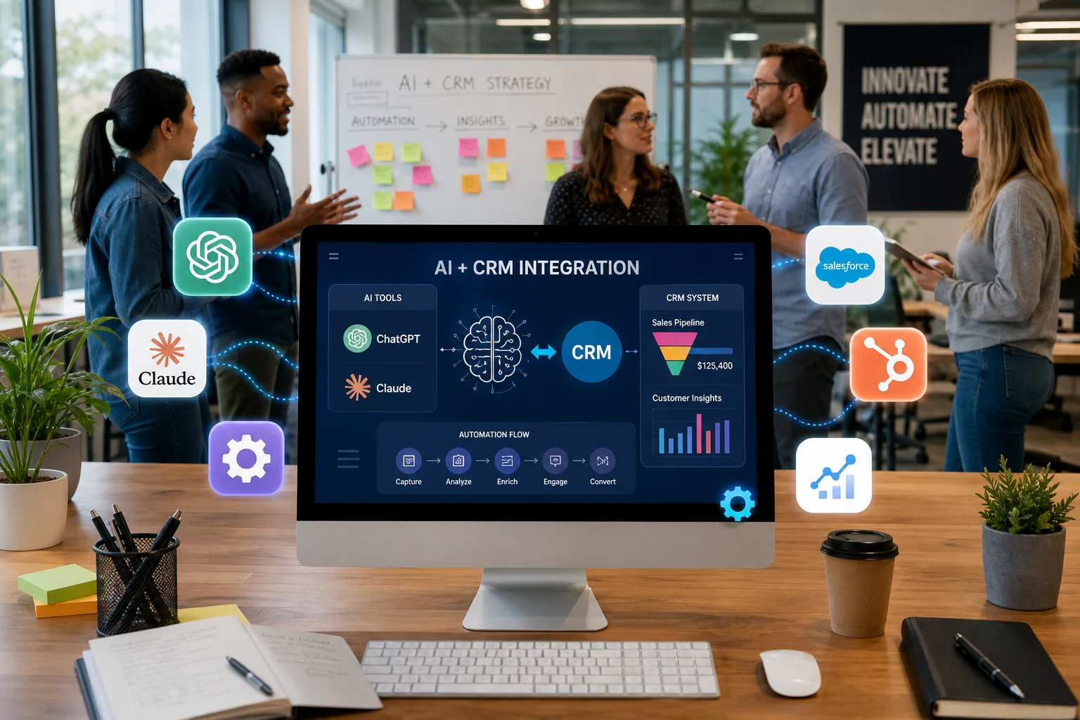 A vibrant digital workspace illustration showcasing AI and CRM tools, highlighting teamwork and innovation in a modern settin