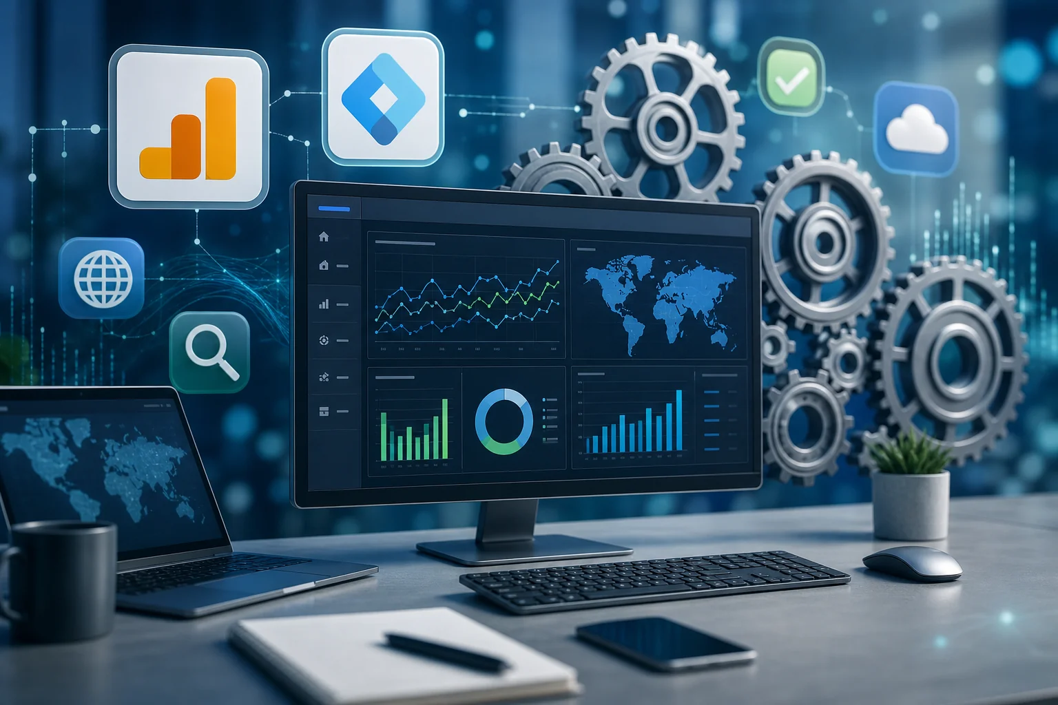 A modern workspace with a computer displaying analytics dashboards, surrounded by gears and digital platform icons, in profes