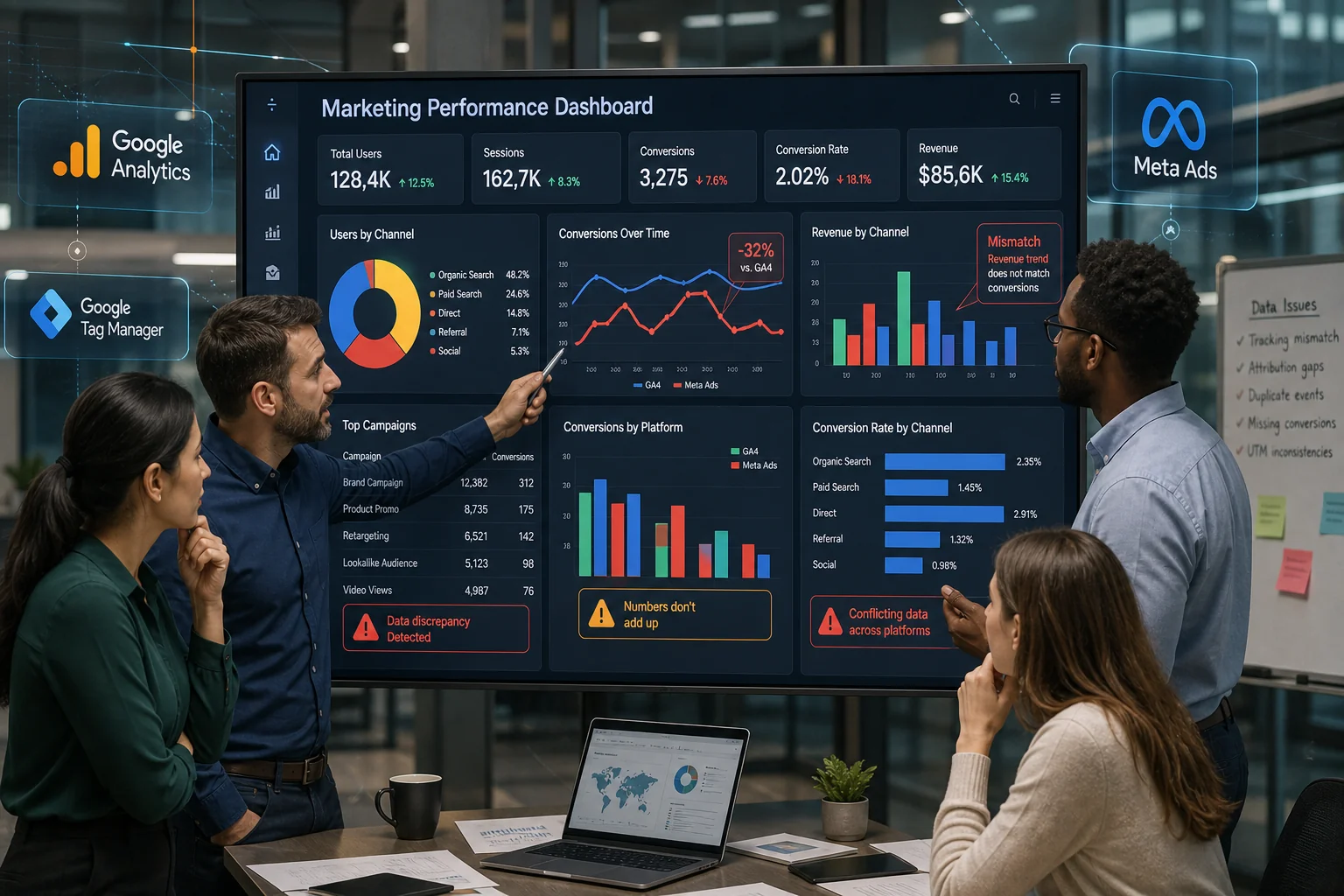 A vibrant digital marketing dashboard with conflicting graphs, surrounded by diverse professionals discussing data insights.
