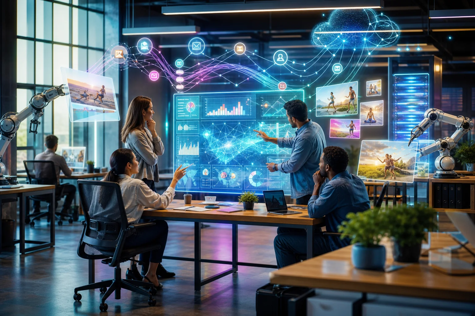 A vibrant marketing workspace with diverse professionals collaborating, futuristic screens, and robotic arms showcasing innov