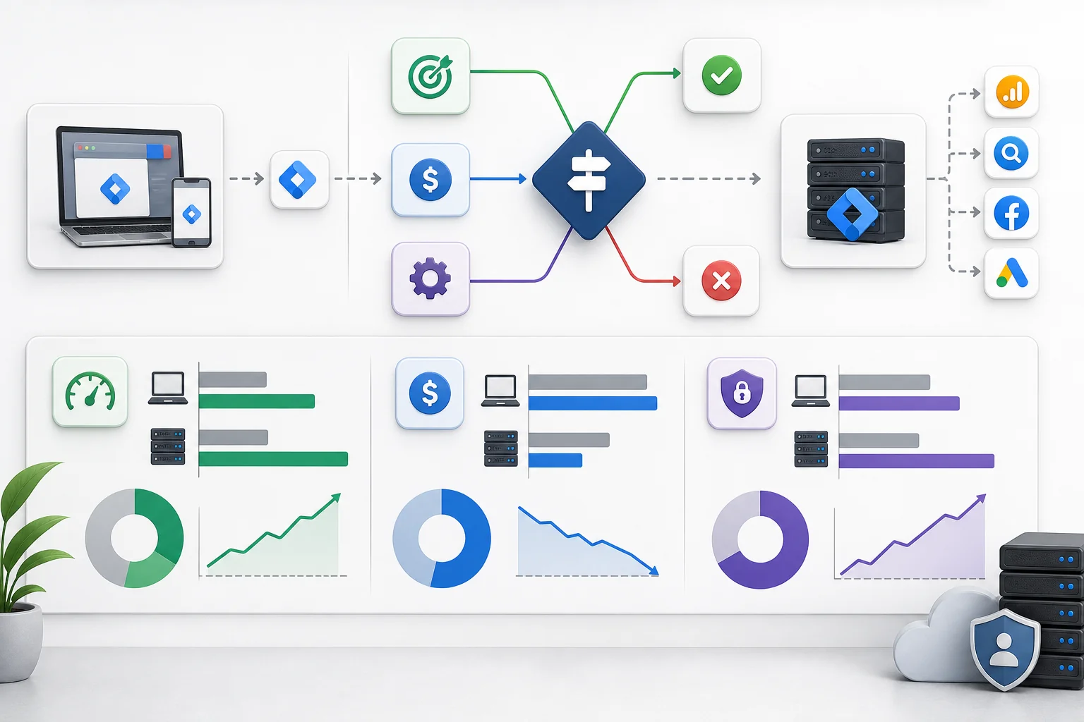 Infographic illustrating migration from client-side to server-side GTM, featuring flowcharts, comparisons, and modern visuals