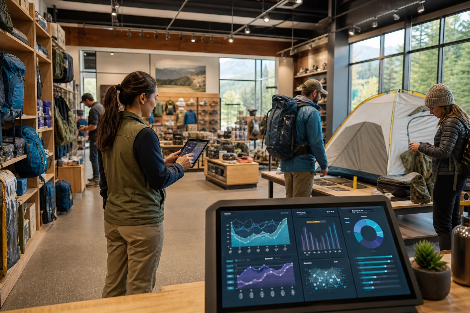 Bright modern retail store for outdoor gear, featuring sleek displays, engaged customers, and a staff member analyzing data o