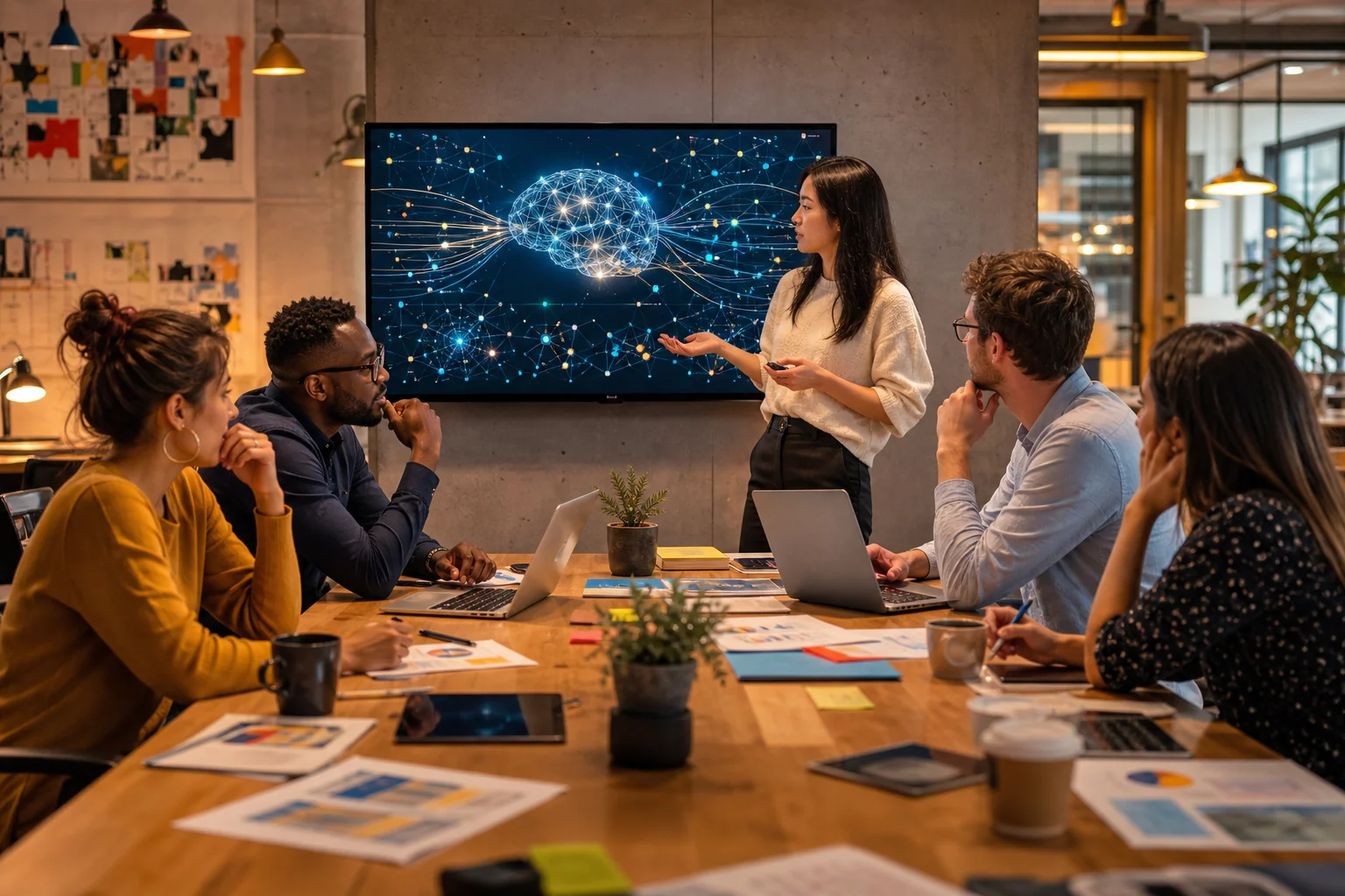 A diverse team collaborates in a vibrant office, discussing AI in customer support, with abstract tech visuals on a screen.