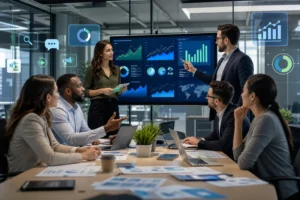 A vibrant digital illustration of diverse marketing professionals collaborating in a modern office, surrounded by high-tech P