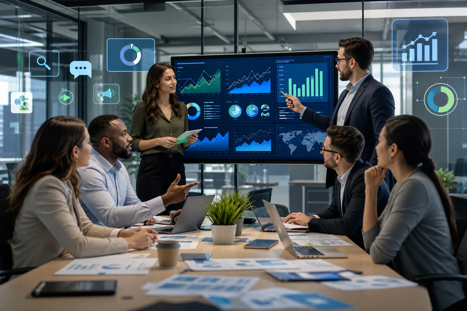 A vibrant digital illustration of diverse marketing professionals collaborating in a modern office, surrounded by high-tech P