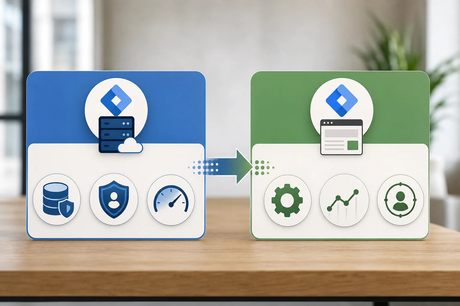 Infographic comparing Server-Side and Client-Side Google Tag Manager, highlighting features with icons and a migration pathwa