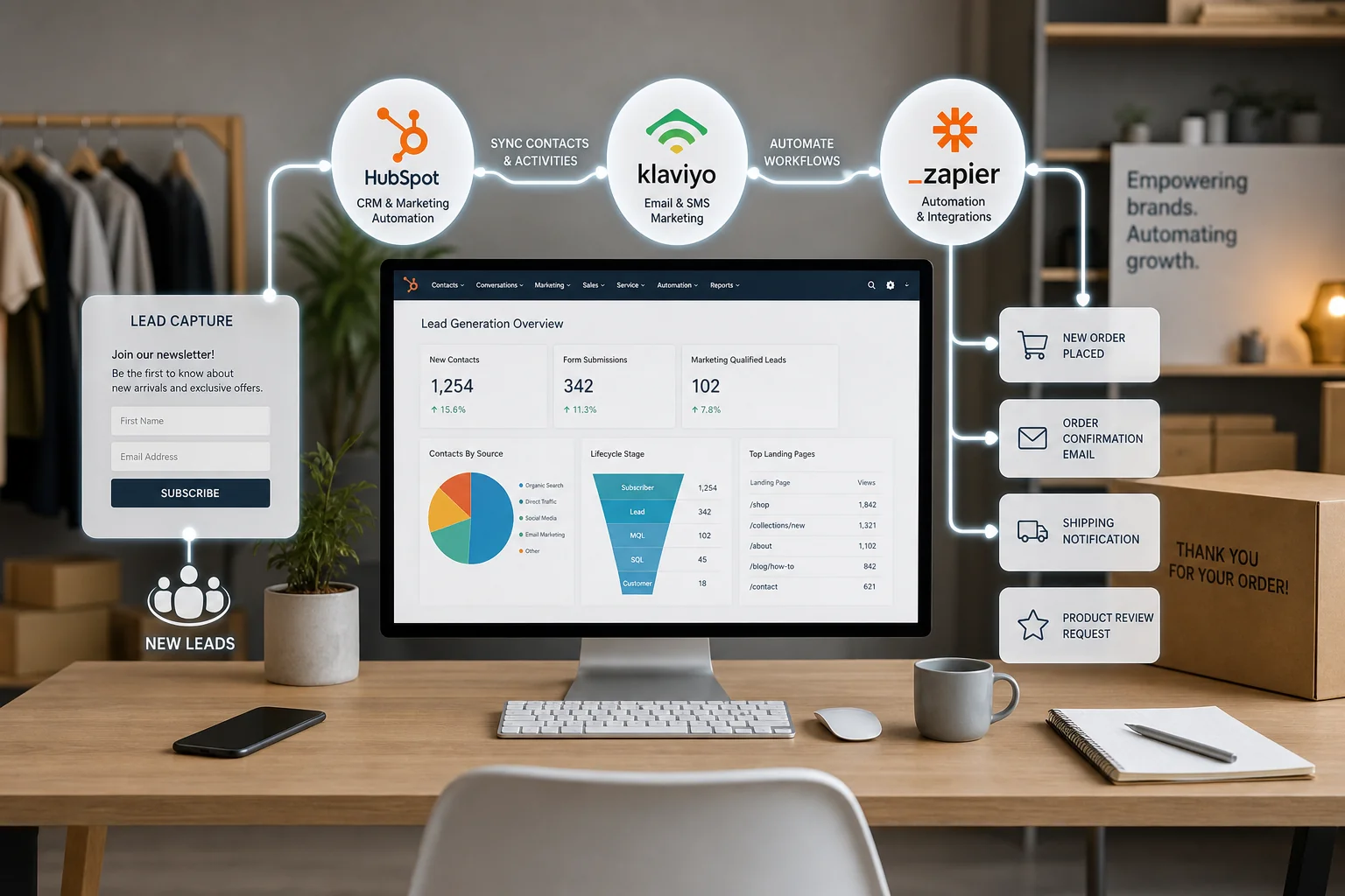 Digital illustration of an e-commerce workspace with a dashboard, showcasing an integrated automation stack with HubSpot, Kla