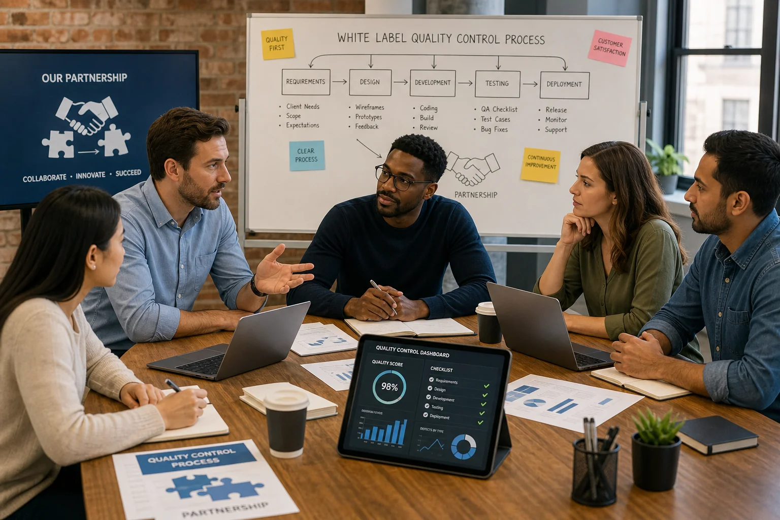 A diverse team collaborates in a modern workspace, focusing on quality control with laptops, graphs, and flowcharts around th
