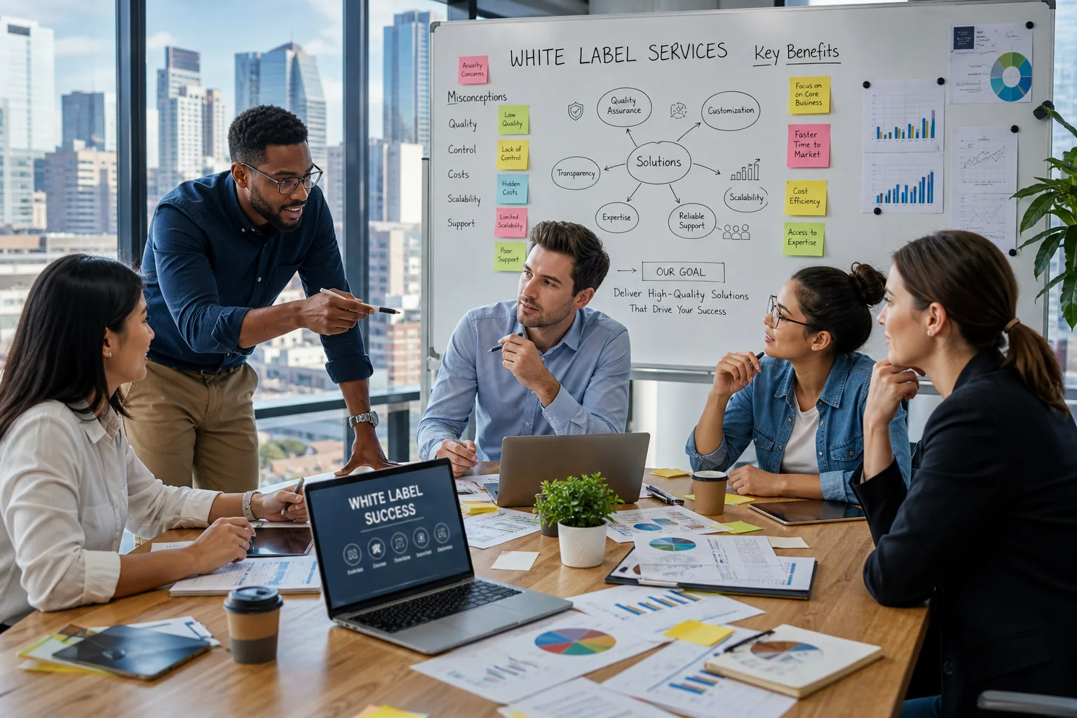 A diverse team collaborates in a modern office, brainstorming around a table filled with charts and devices, showcasing teamw