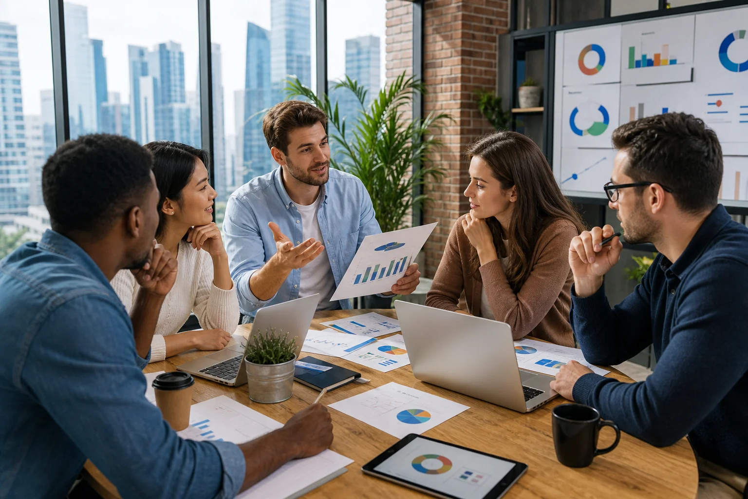 A vibrant marketing agency office with a diverse team collaborating on SEO strategies, surrounded by digital devices and city