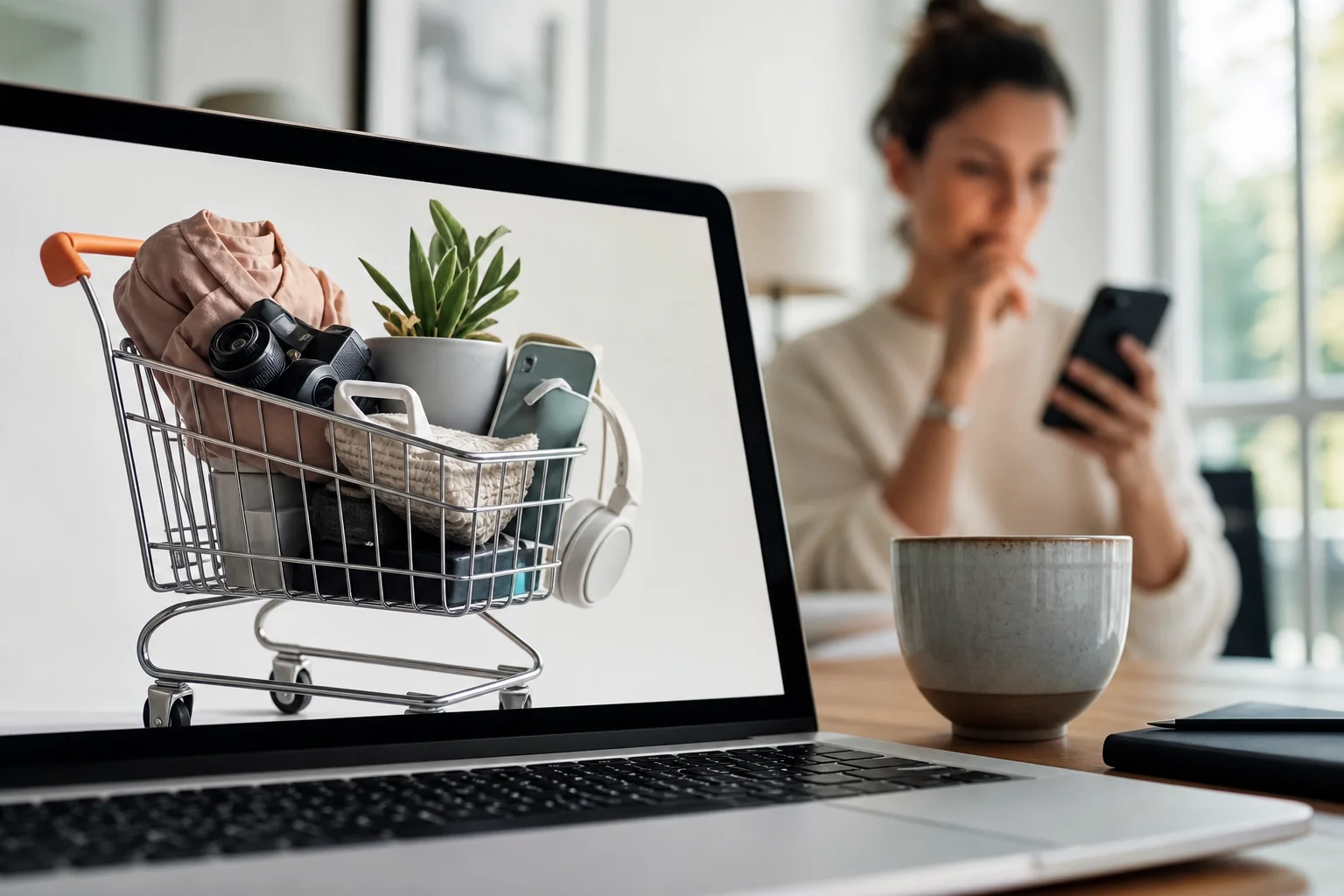 Close-up of a shopping cart on a screen, showcasing stylish products, with a shopper pondering in the background, bathed in w