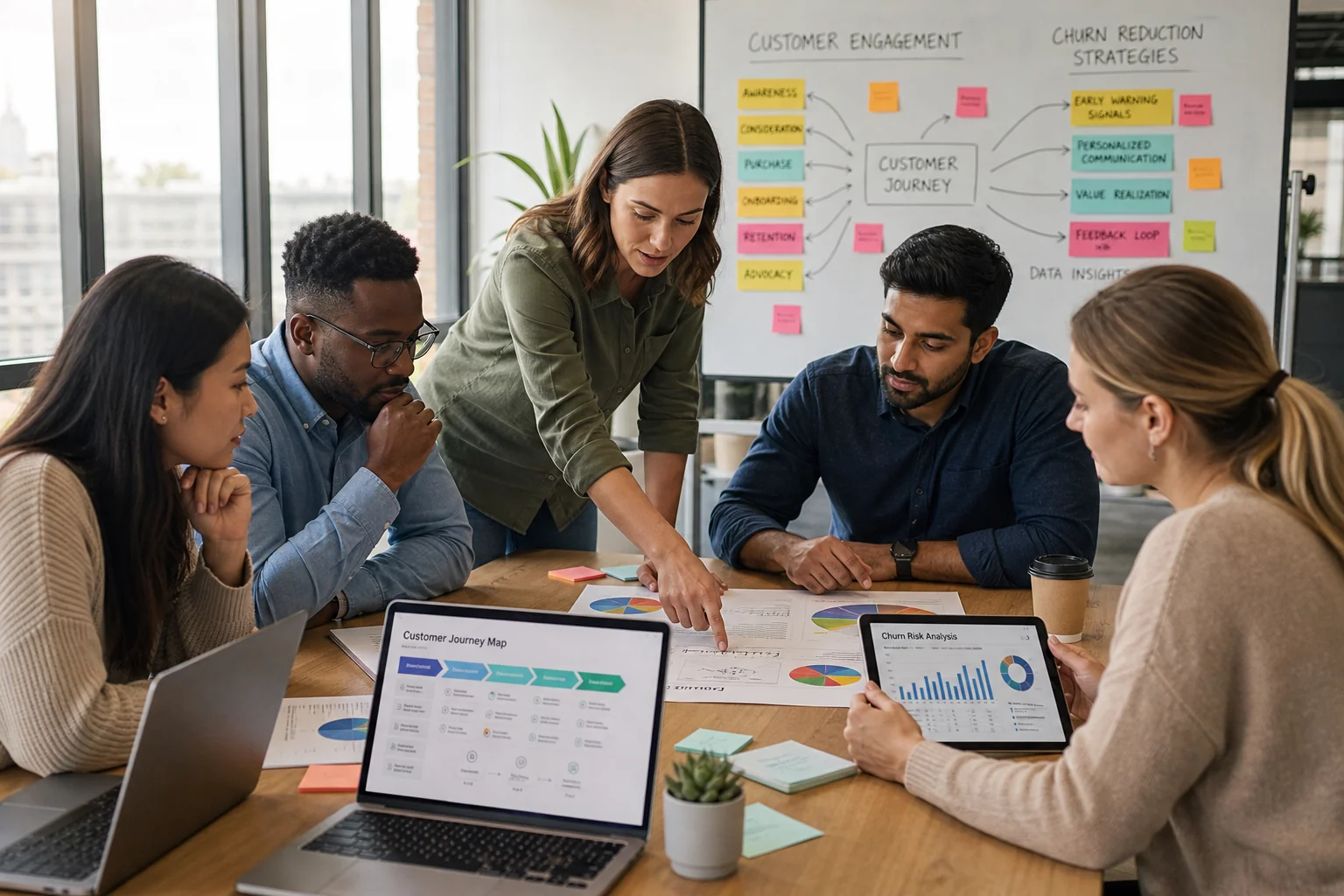 Diverse business professionals collaborate around a conference table, analyzing customer journey maps and data in a bright, i