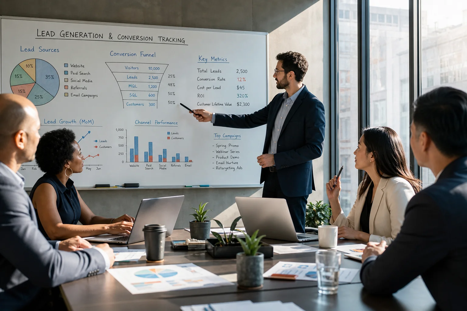 A diverse group of professionals collaborates in a bright meeting room, discussing strategies around a conference table fille