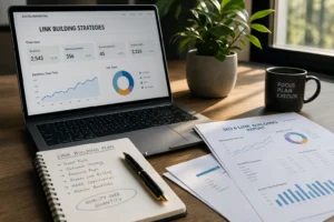 A sleek laptop on a clean desk displays digital marketing analytics, surrounded by reports, notes, and a plant, creating a pr