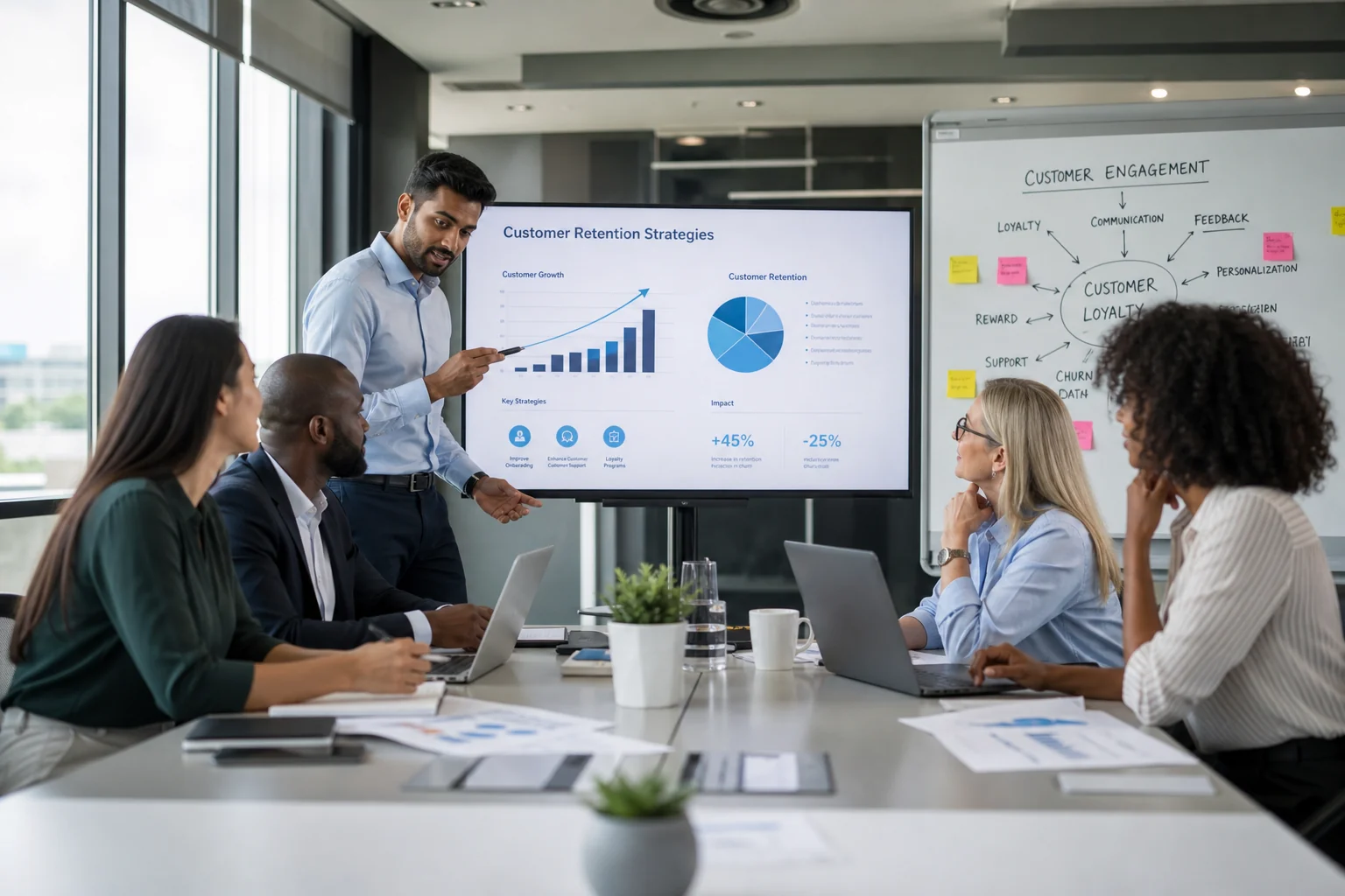 Diverse business professionals collaborate in a modern office, strategizing on customer loyalty and retention with charts and
