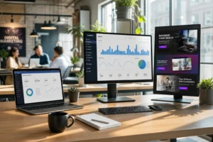 Sleek workspace with multiple monitors showing colorful analytics, a notepad, coffee, and sunlight, highlighting innovation a