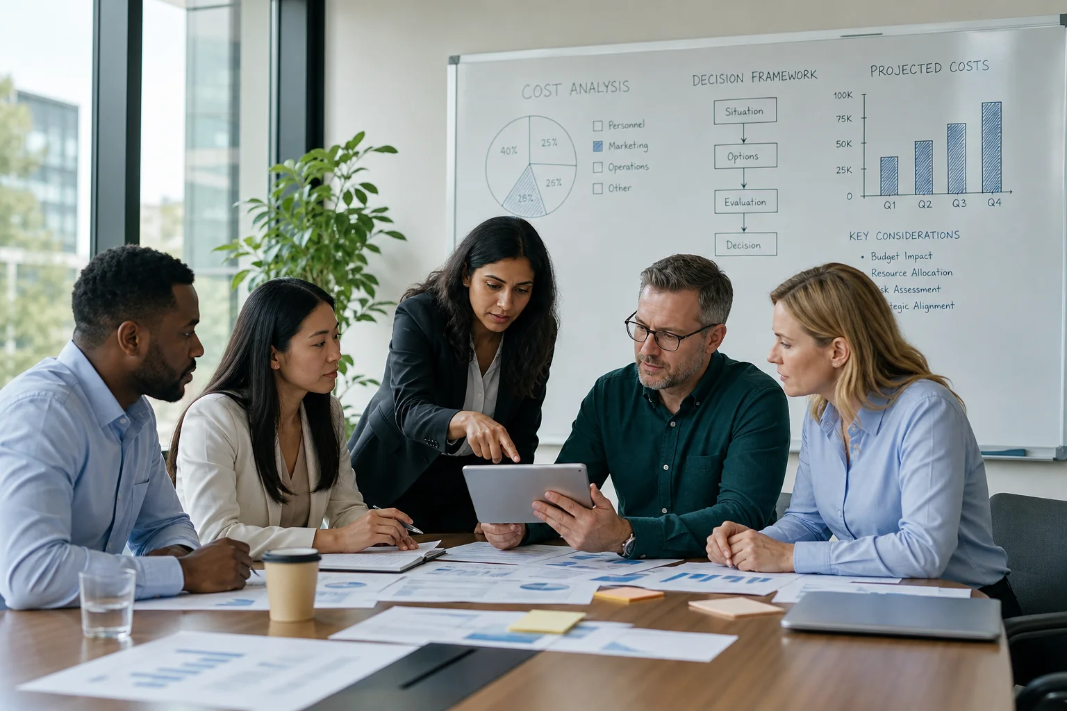 Diverse business professionals collaborate around a modern table, discussing strategies with documents and digital tools in a