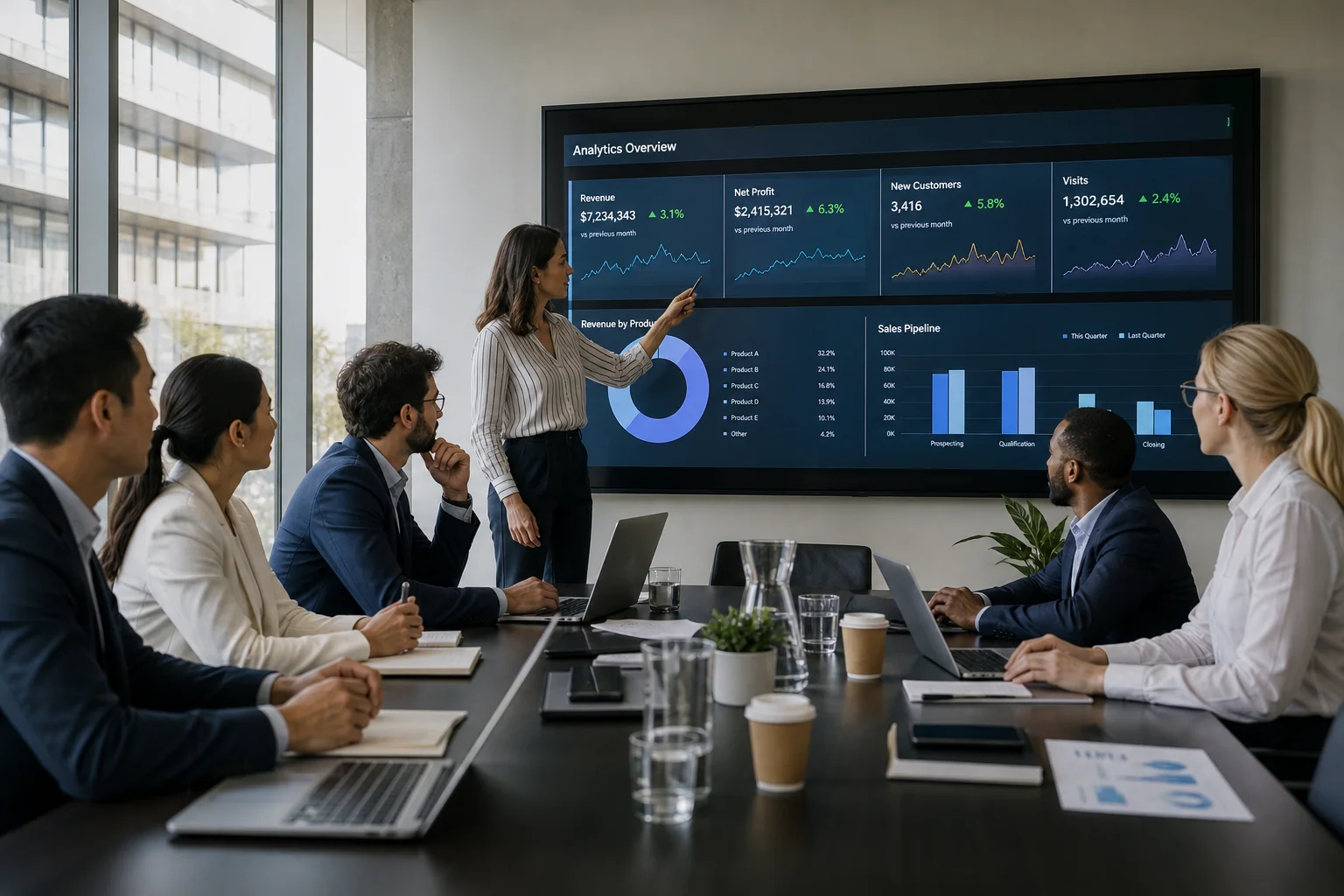 Diverse professionals collaborate in a modern office, analyzing data on a screen, surrounded by natural light and a sleek con