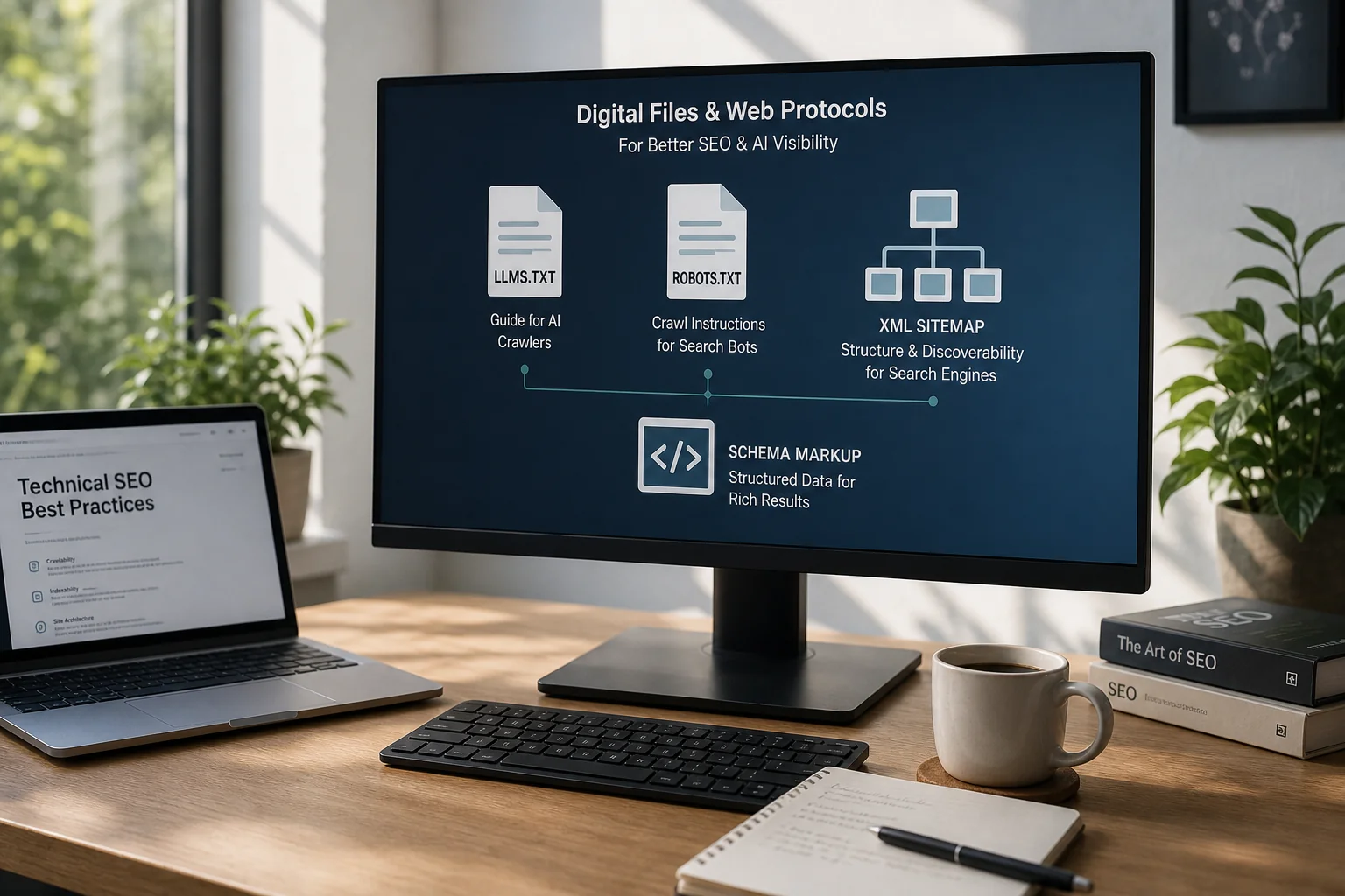A serene modern workspace with a sleek monitor displaying digital file icons, complemented by a laptop and coffee, in soft li