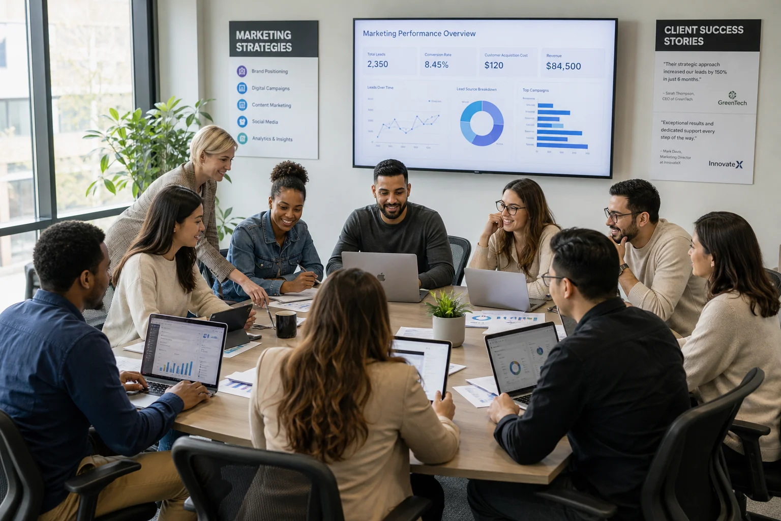 Diverse marketing team collaborates in a bright office, reviewing data on laptops, surrounded by charts and success posters.