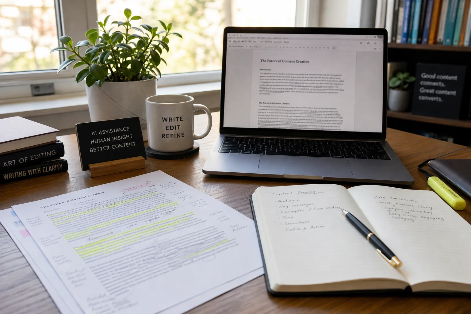 A modern workspace with a laptop, notepad, and annotated pages, bathed in natural light, blending technology and nature.