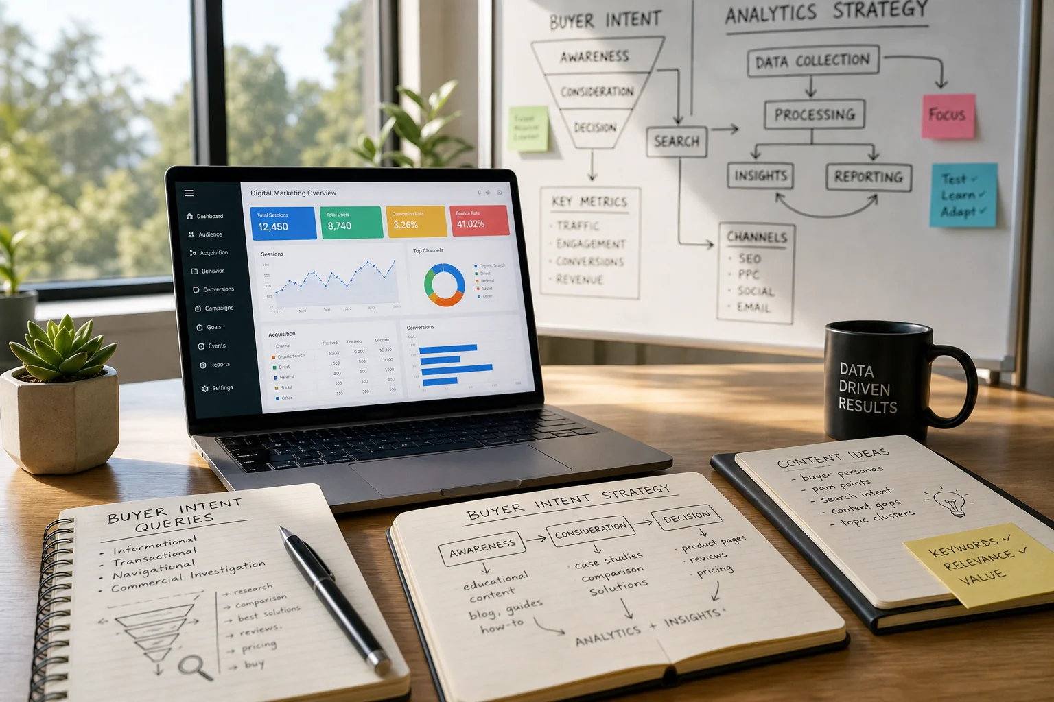 A modern workspace with a laptop showing colorful analytics, notepads, and a whiteboard, bathed in warm natural light.