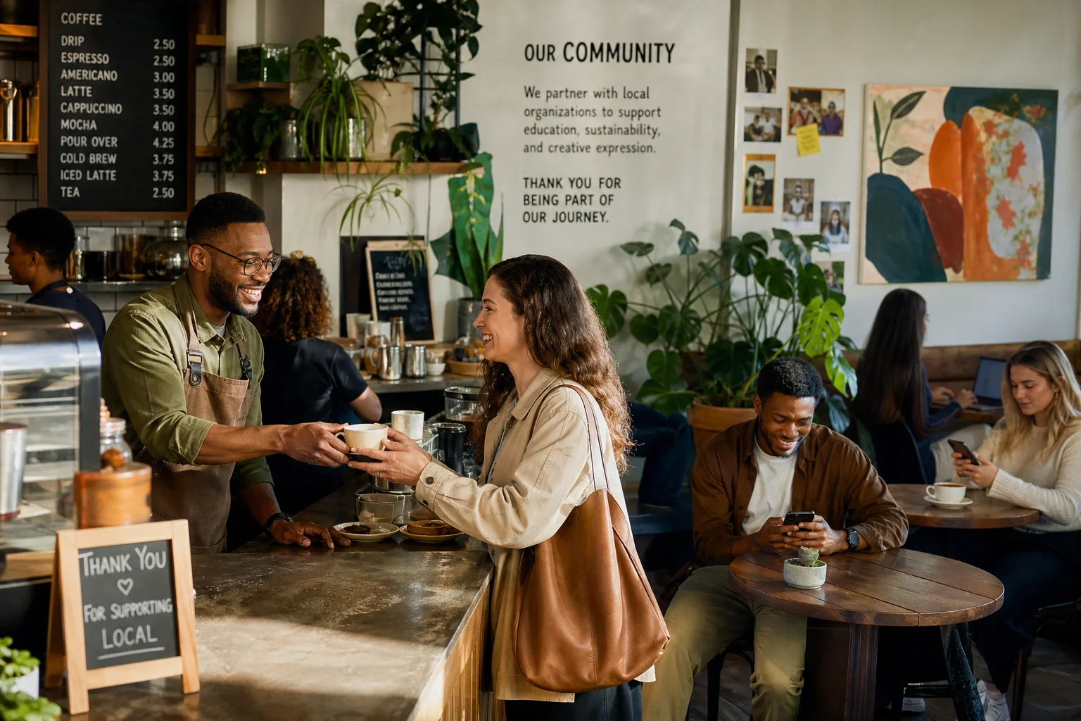 A diverse group enjoys a cozy café, with a barista serving coffee and customers engaging with a loyalty app, surrounded by wa