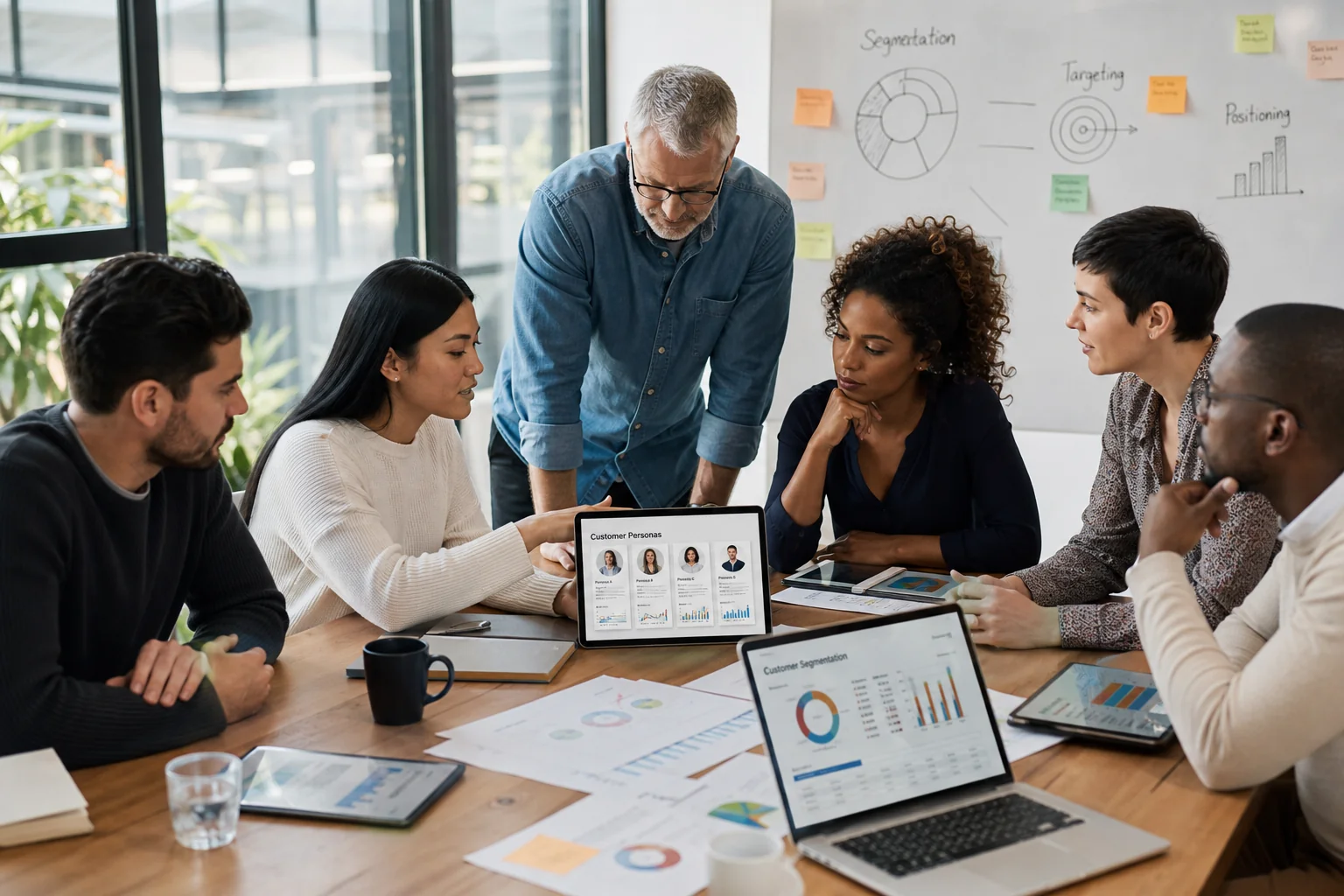 A diverse group collaborates in a modern office, discussing data charts and customer profiles, highlighting teamwork and stra