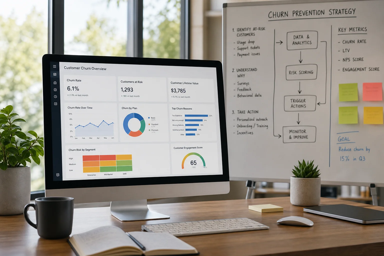 A modern office workspace with a computer showing colorful analytics, a whiteboard of churn strategies, and natural light.