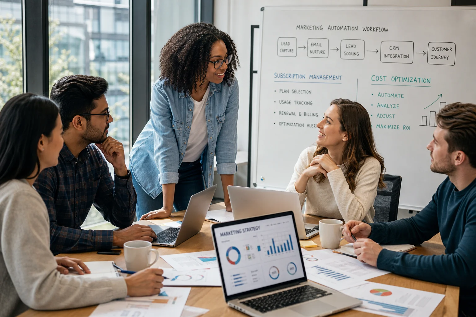 Diverse professionals collaborate in a bright office, discussing marketing strategies with laptops and charts around a large
