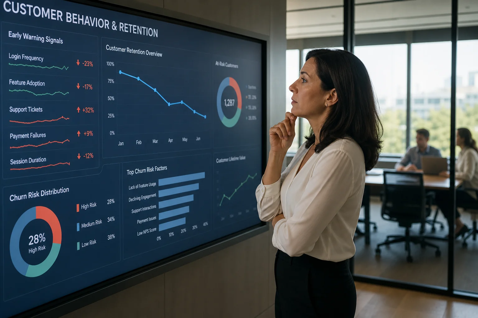 A focused businesswoman analyzes customer behavior data on a large screen in a modern office, emphasizing strategic planning.
