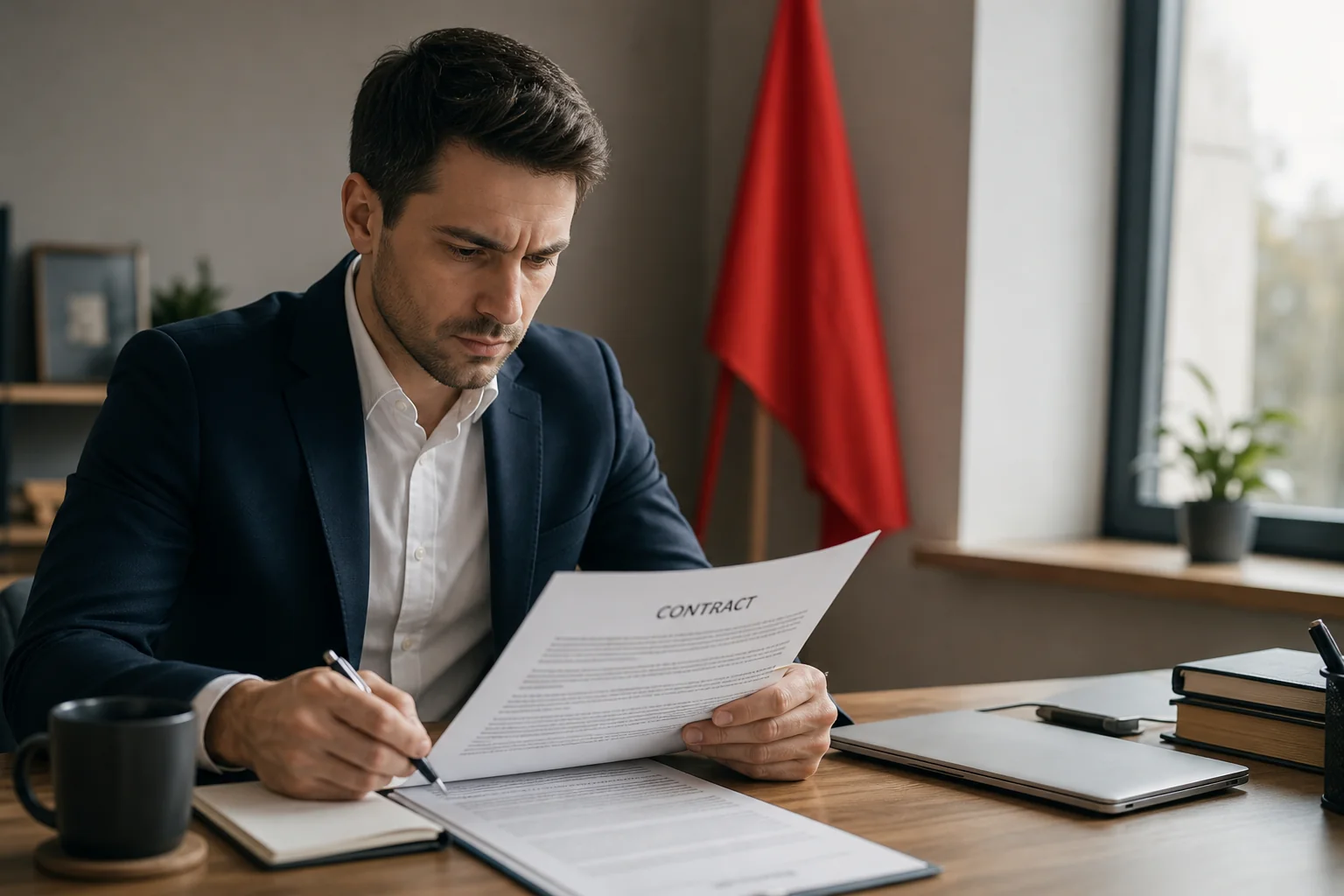 A focused individual reviews a detailed contract at a tidy wooden desk, with a cautionary red flag subtly in the background.