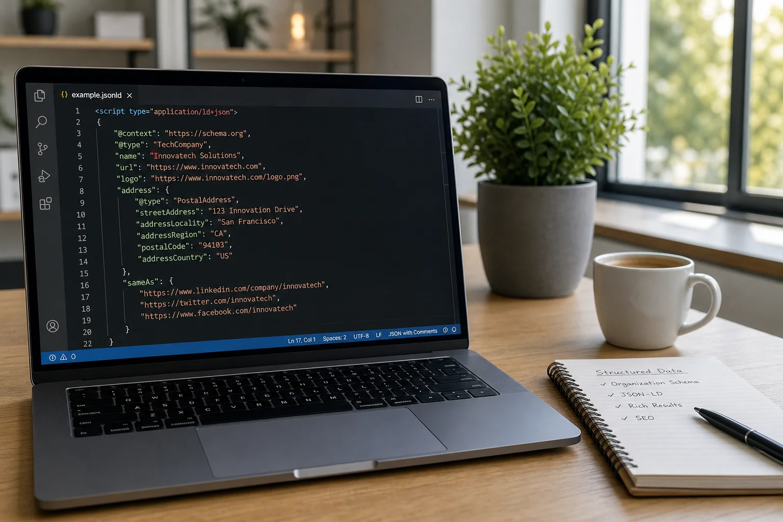 Modern workspace with a laptop displaying JSON-LD code, a potted plant, notepad, and coffee, illuminated by natural light.