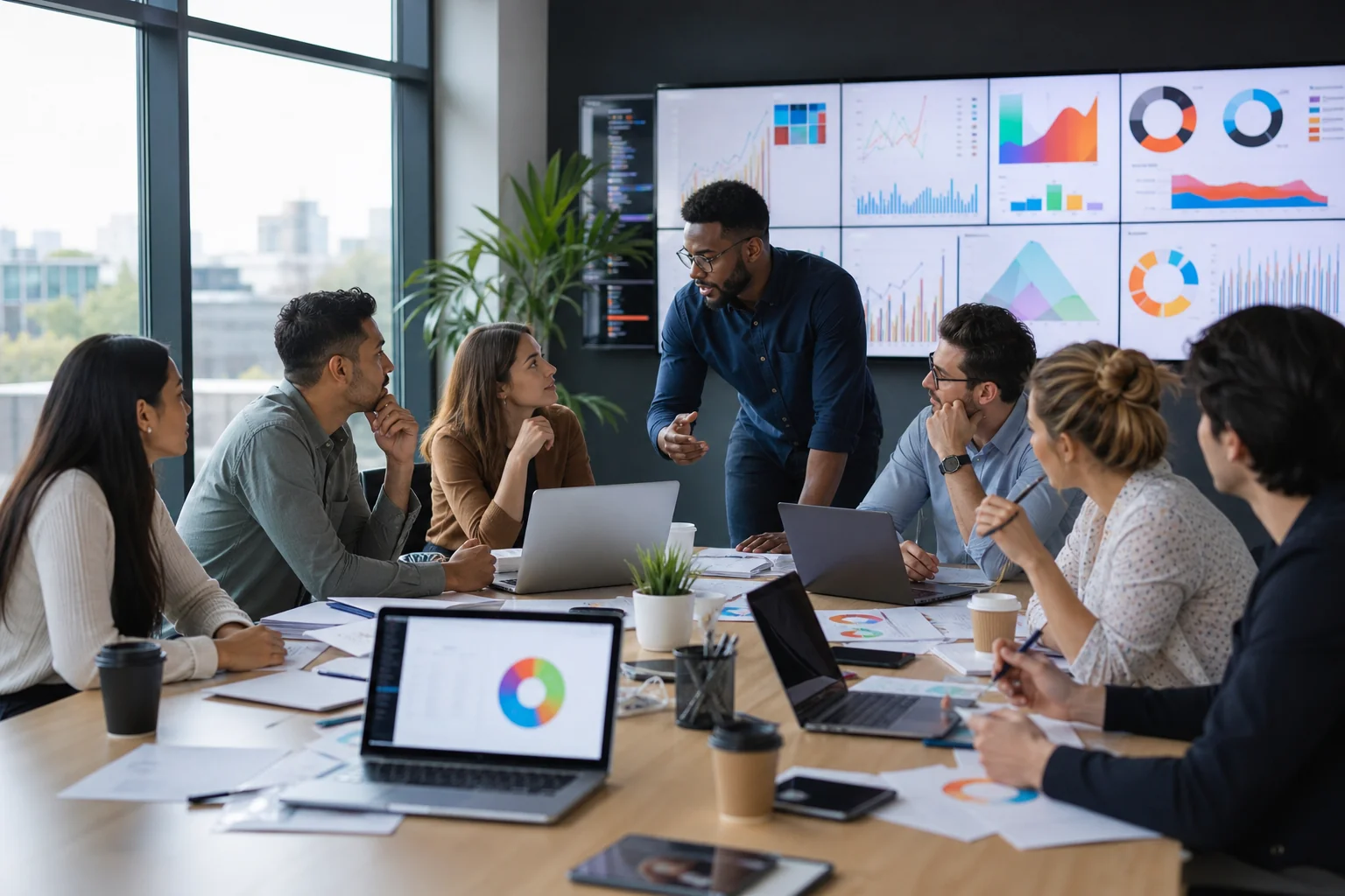 A vibrant office scene with seven diverse professionals collaborating at a conference table, illuminated by natural light.