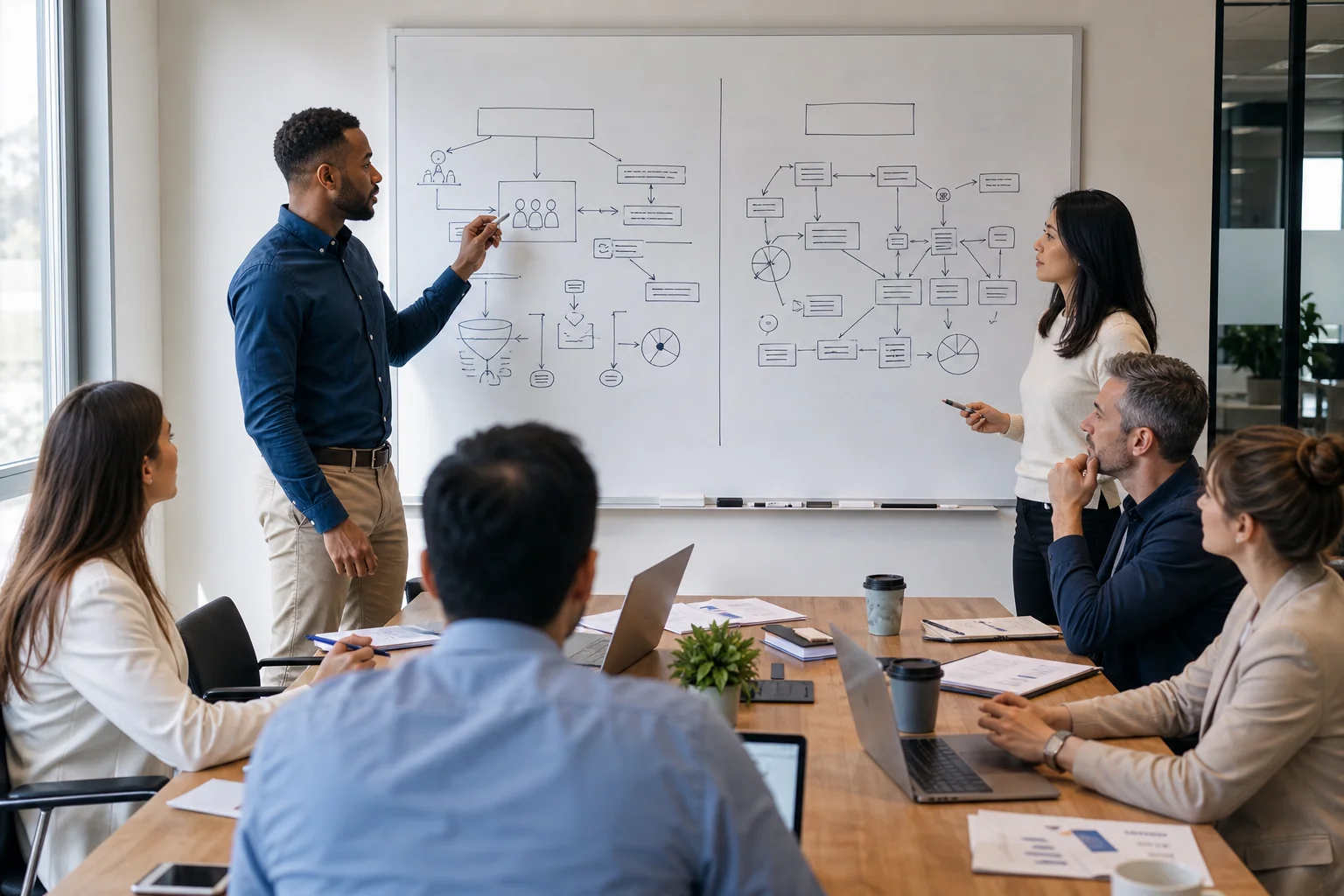 A diverse team collaborates in a bright office, analyzing flowcharts on a whiteboard about customer retention strategies.