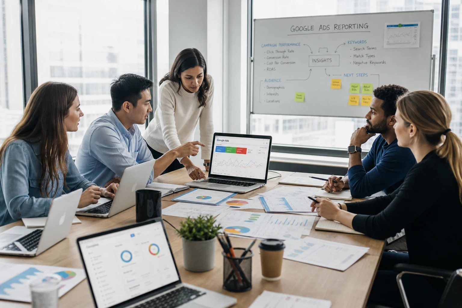 A diverse team collaborates at a conference table, analyzing Google Ads reports with laptops, charts, and brainstorming notes