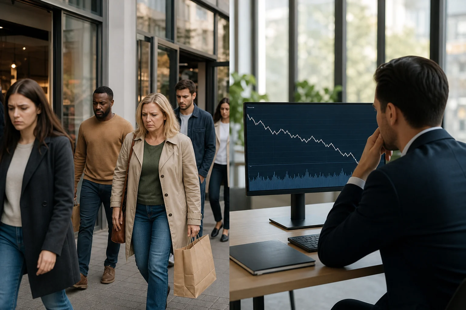 A split scene: disappointed customers exit a store on the left, while a professional analyzes declining revenue trends on the