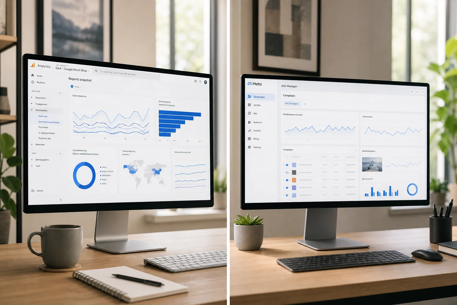 A split-screen image of two modern workspaces: one with Google Analytics 4 dashboard, the other with Meta Ads Manager, both i