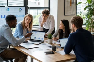 A diverse team of marketing professionals collaborates around a table, analyzing Facebook Ads dashboards in a bright, modern