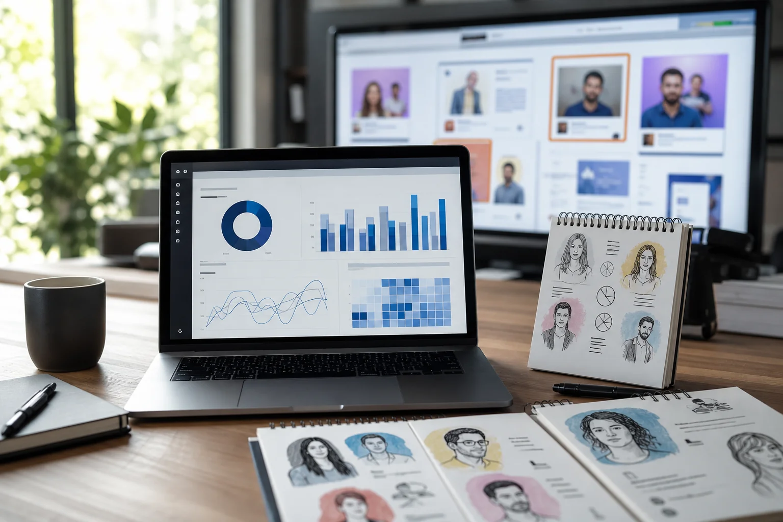 A photorealistic digital marketing workspace featuring a laptop with analytics, audience sketches, and a blurred webpage on a