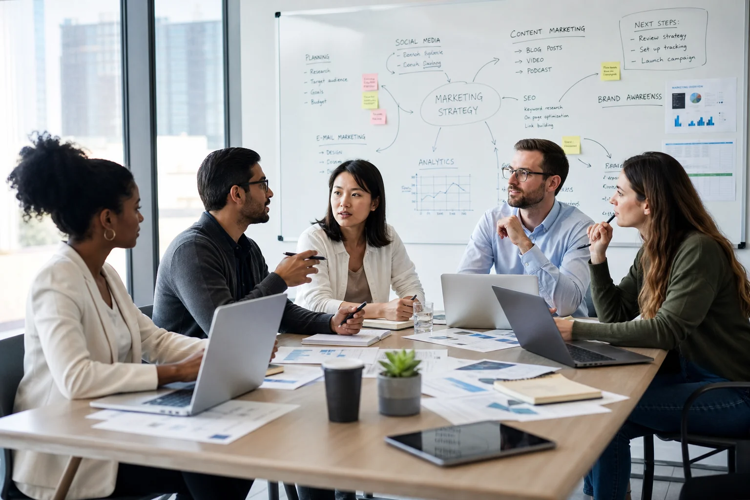 Diverse marketing team collaborates in a modern office, discussing strategies with laptops and charts, fostering creativity a