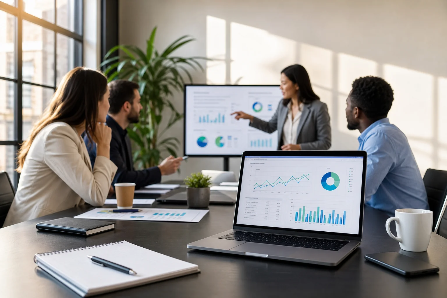 A modern office with a sleek conference table, professionals discussing SEO charts, and natural light creating a warm atmosph