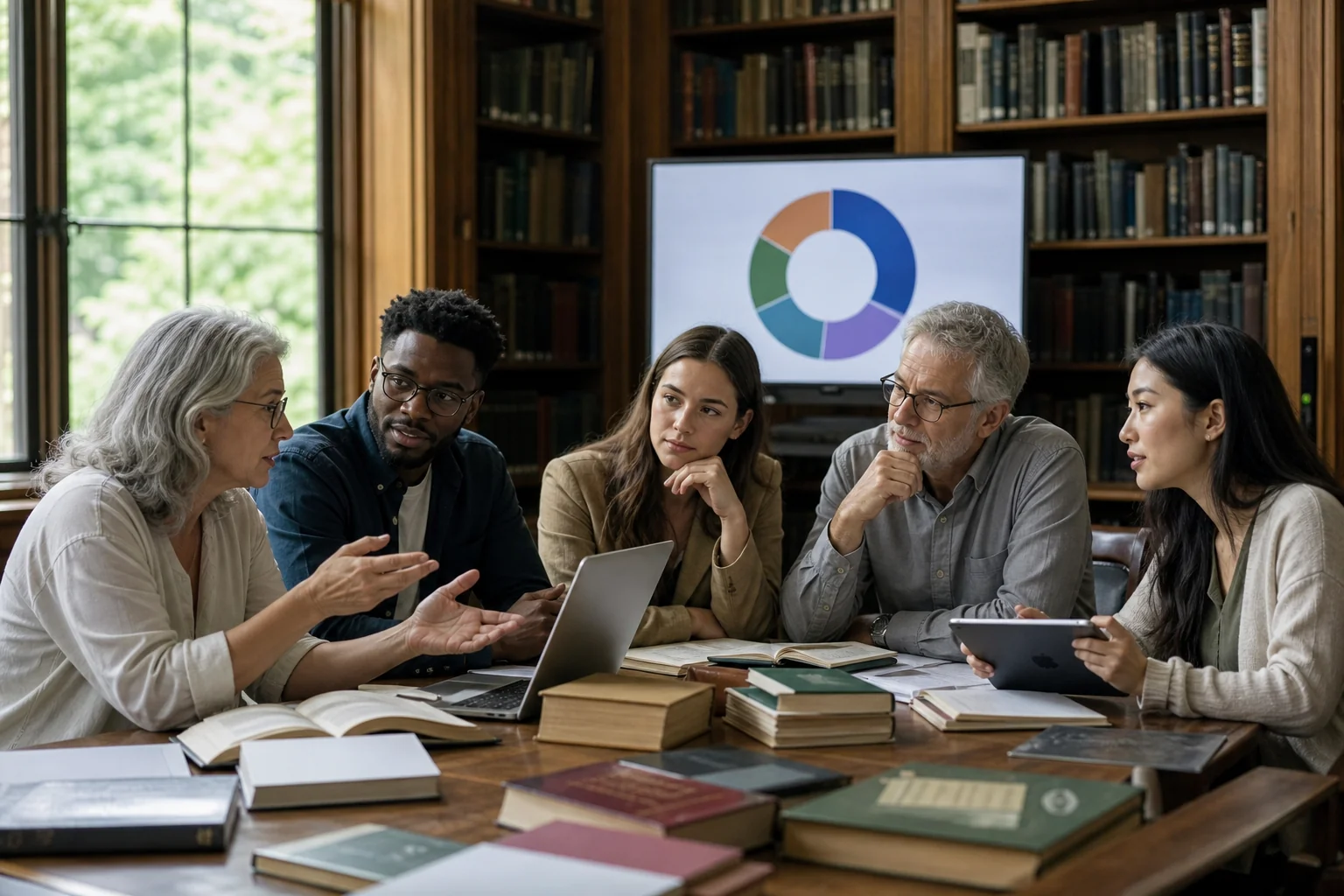 A serene library scene with diverse individuals discussing around a table, illuminated by natural light, symbolizing trust an
