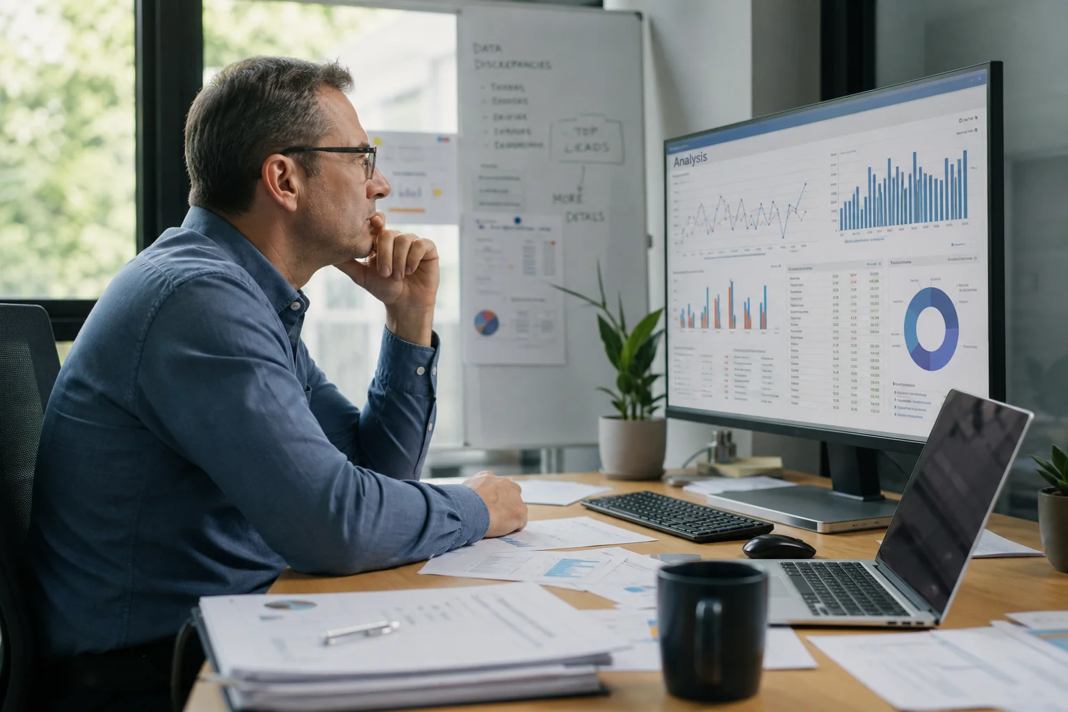 A focused data analyst examines vibrant graphs on a large screen in a modern office, surrounded by papers and natural light.