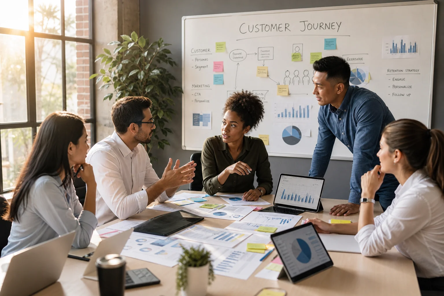 A diverse team collaborates in a bright office, brainstorming customer strategies with charts and digital devices on the tabl
